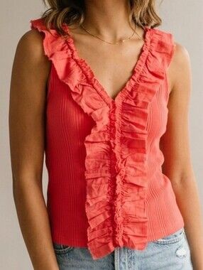 Pilcro by Anthropologie NWT Coral Ribbed Ruffle Tank Top | Size Large